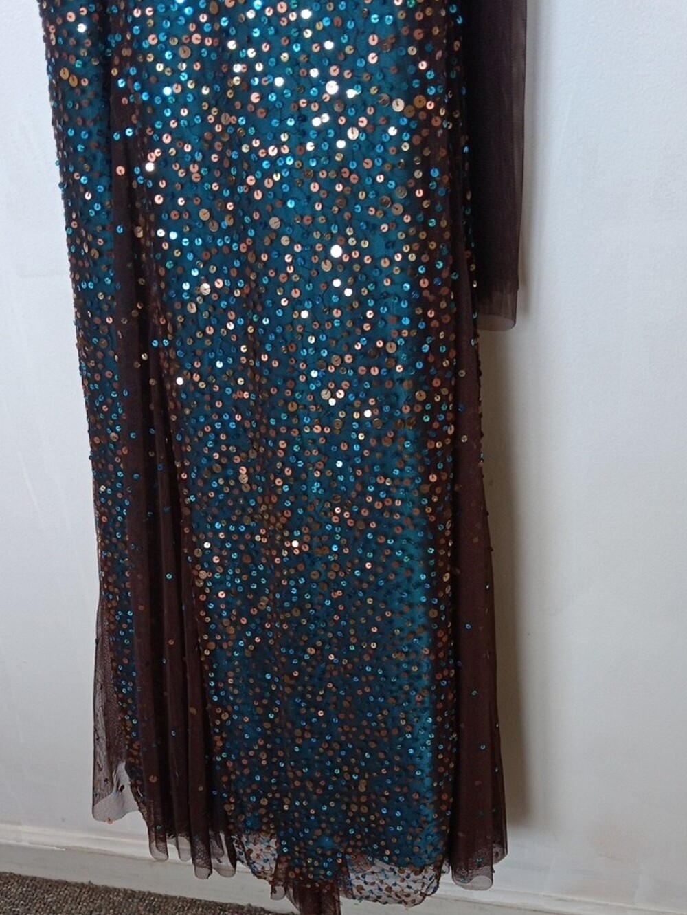Scala Teal & Brown Sequin Strappy Maxi Gown - Picture 9 of 13